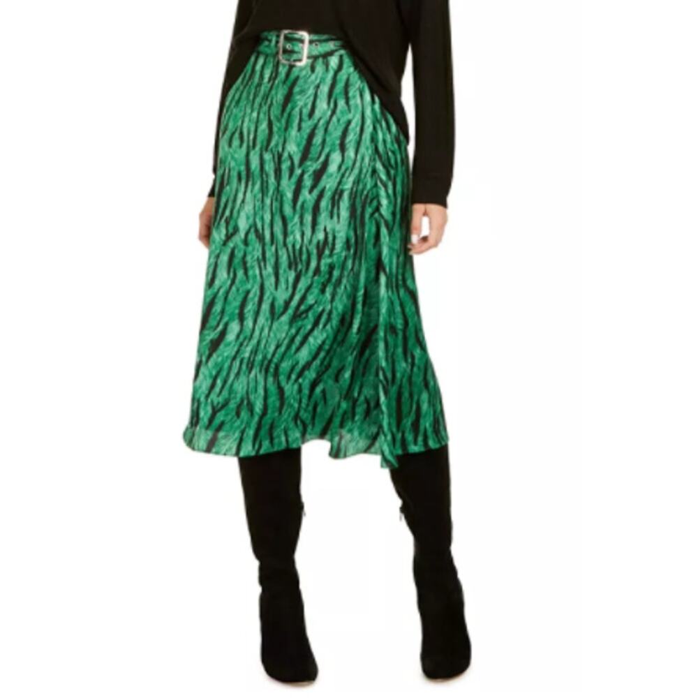 INC belt print green black midi skirt animal print Size 2 NWT
